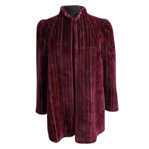 Sasson Faux Fur Coat Burgundy Long Sleeve Open Front Womens Size 10 Vintage